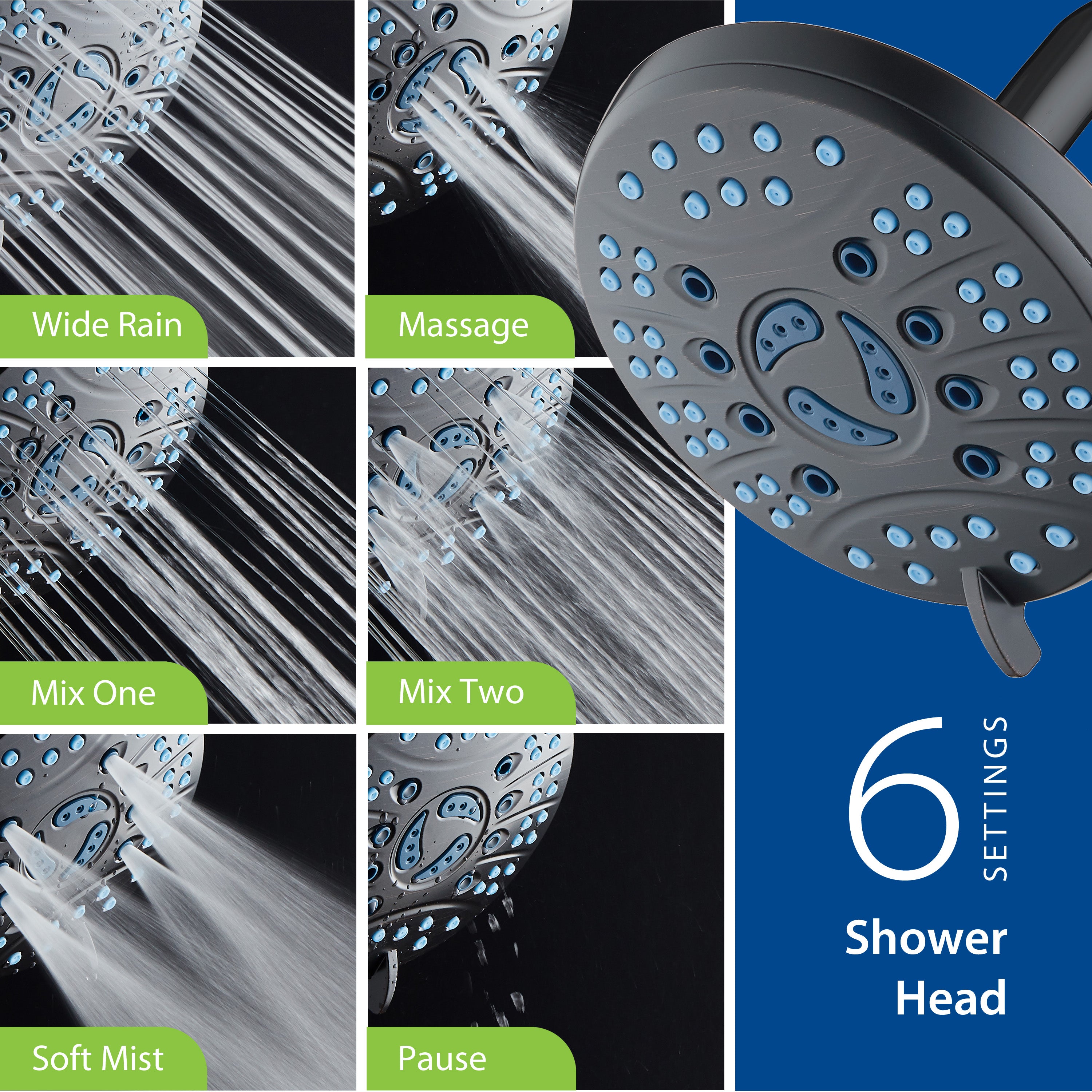 Ultra-Luxury 6-setting 6" Rainfall Shower Head with Antimicrobial Anti-clog Nozzles