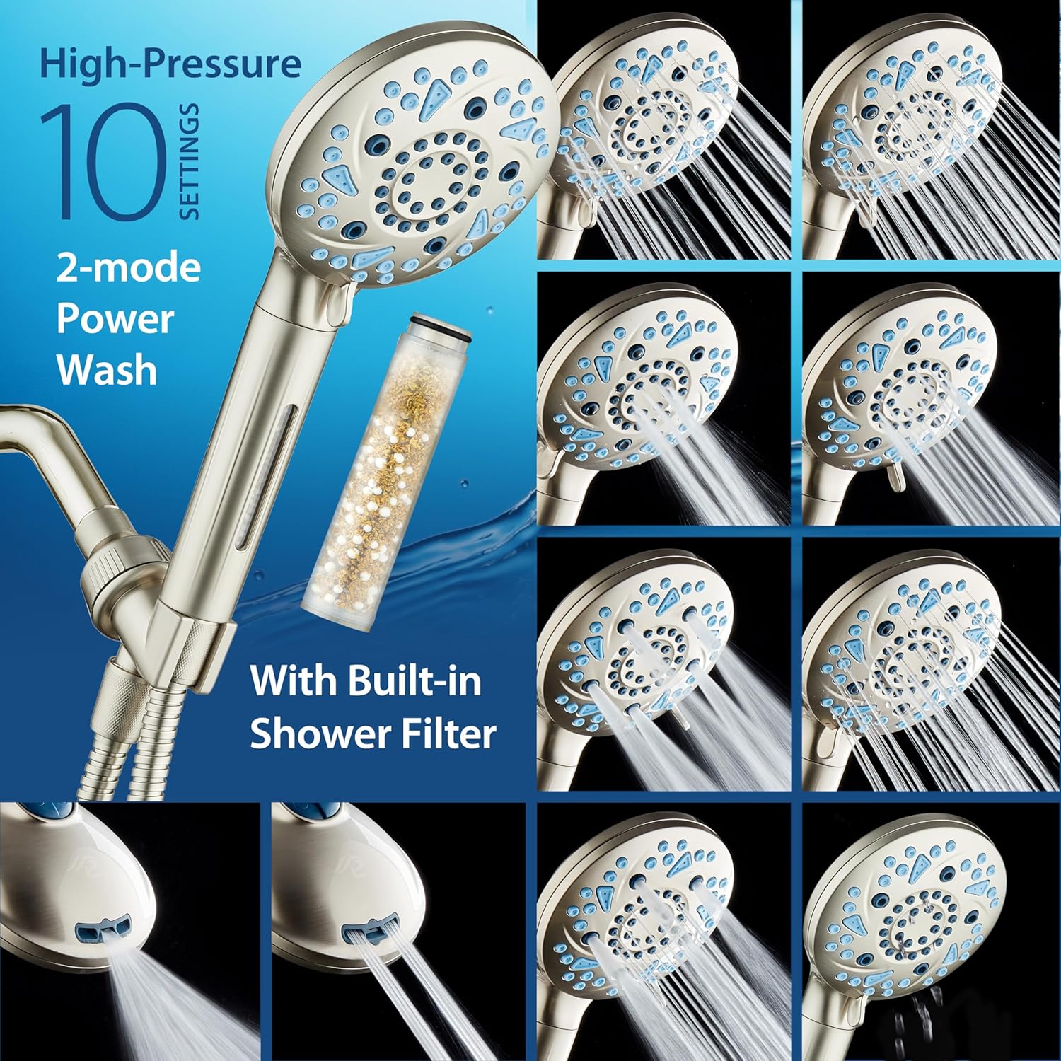 3.0 Series All-in-One 10-setting Hand Shower with Shower Filter, 2-mode Power Wash & Push-button Function Switch