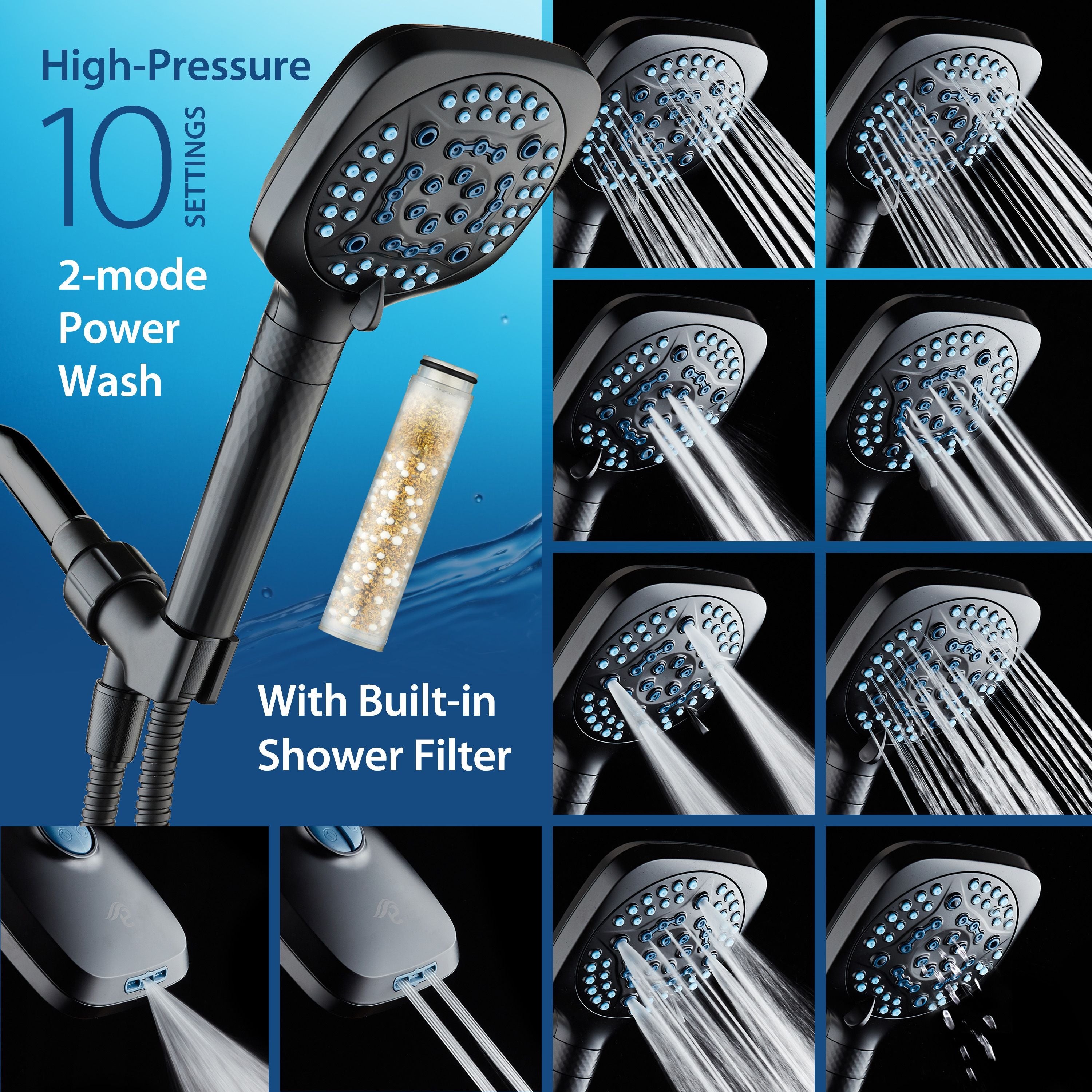 4X Series All-in-One 10-setting Hand Shower with Shower Filter, 2-mode Power Wash & Water Pressure Control