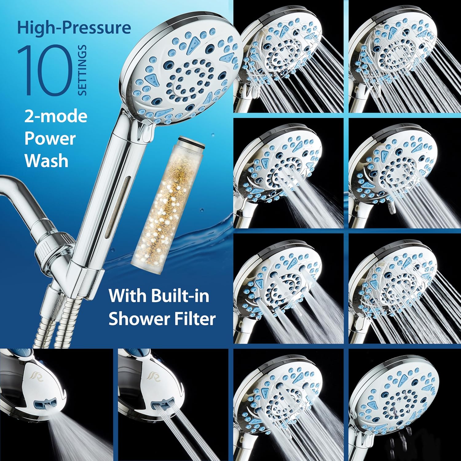 3.0 Series All-in-One 10-setting Hand Shower with Shower Filter, 2-mode Power Wash & Push-button Function Switch