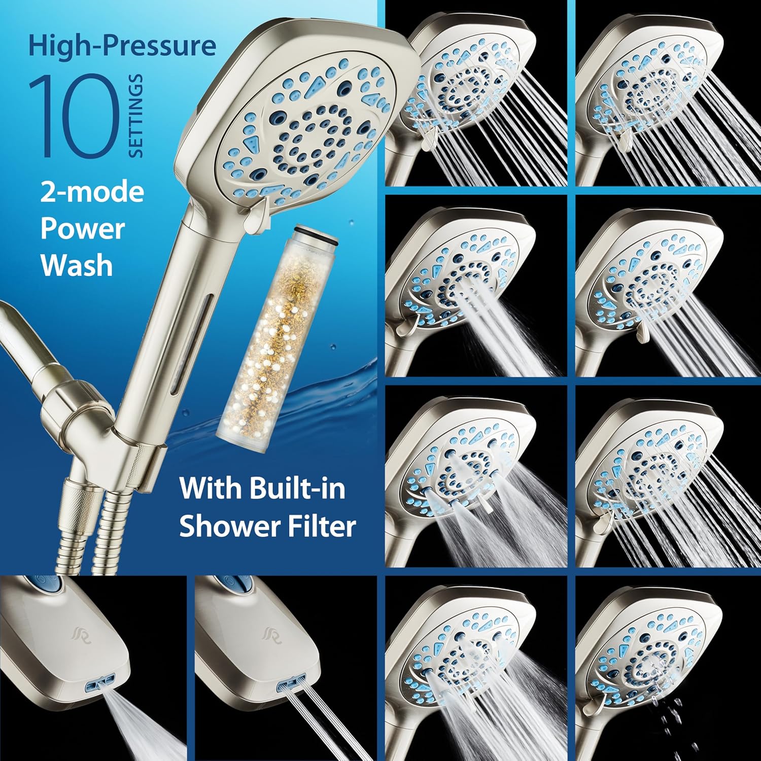 3.0 Series All-in-One 10-setting Hand Shower with Shower Filter, 2-mode Power Wash & Push-button Function Switch