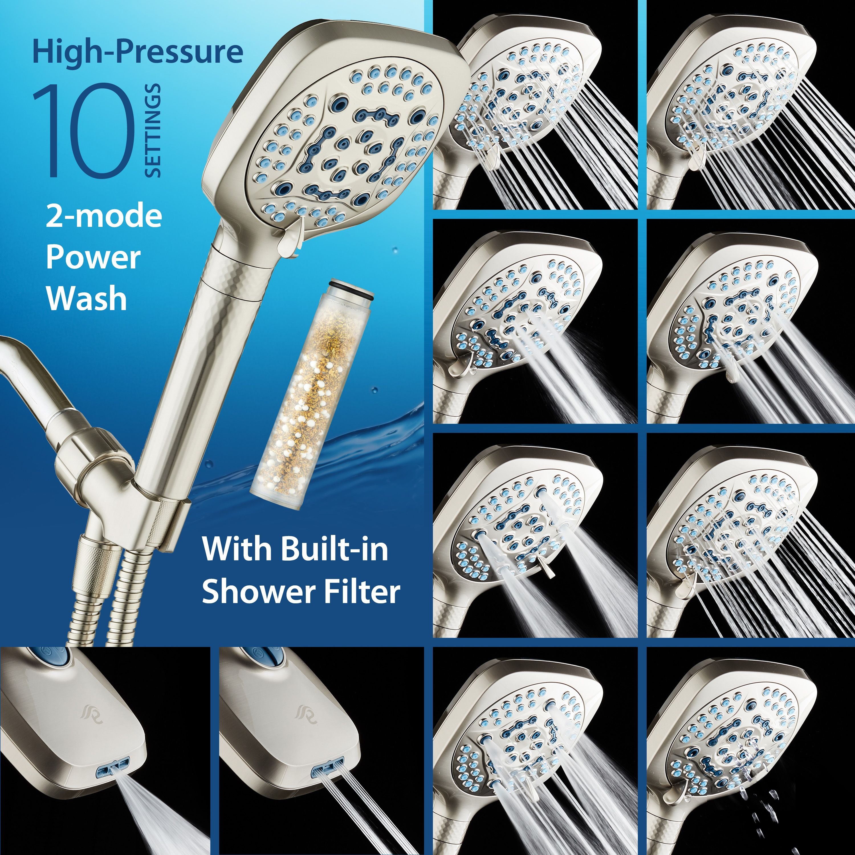 4X Series All-in-One 10-setting Hand Shower with Shower Filter, 2-mode Power Wash & Water Pressure Control