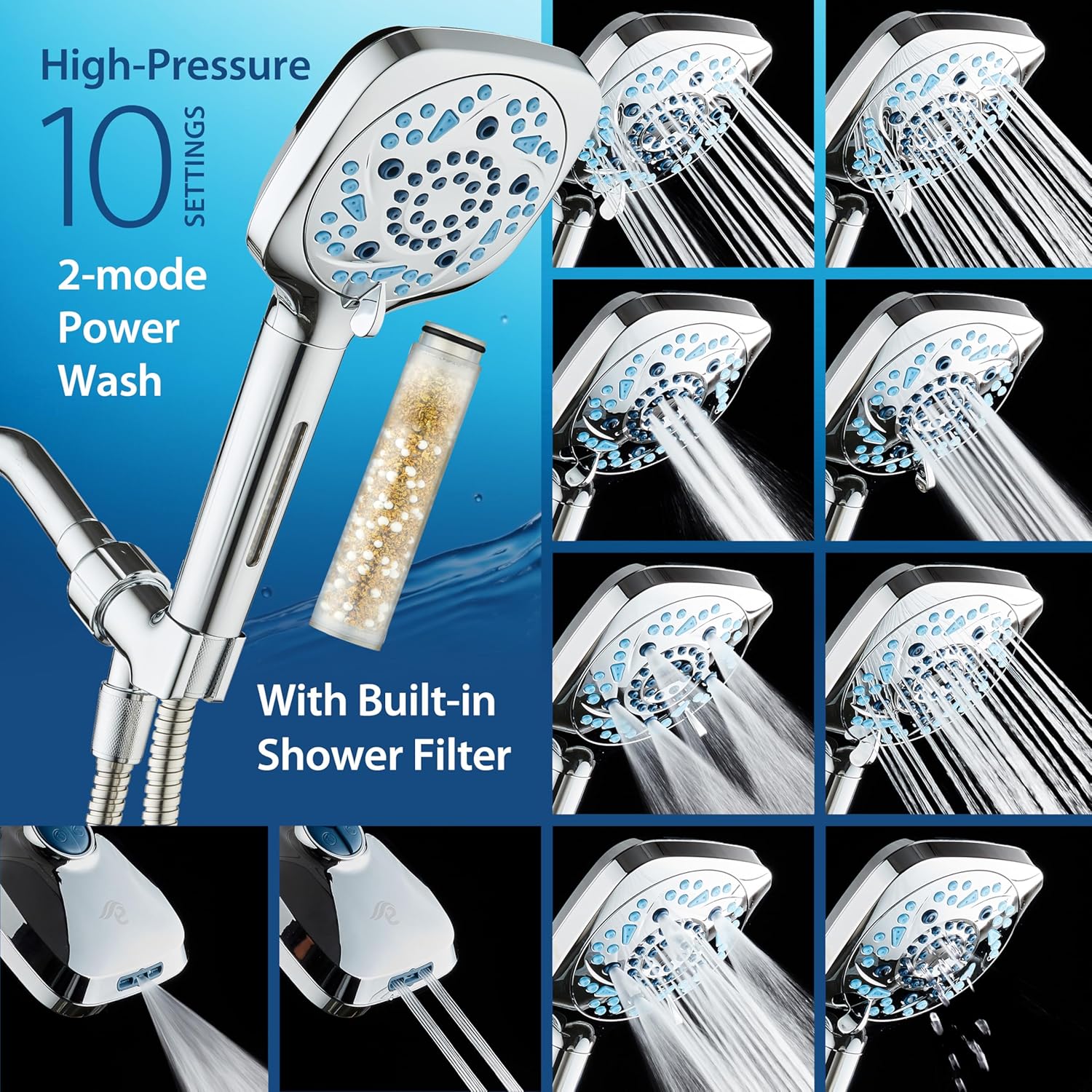 3.0 Series All-in-One 10-setting Hand Shower with Shower Filter, 2-mode Power Wash & Push-button Function Switch