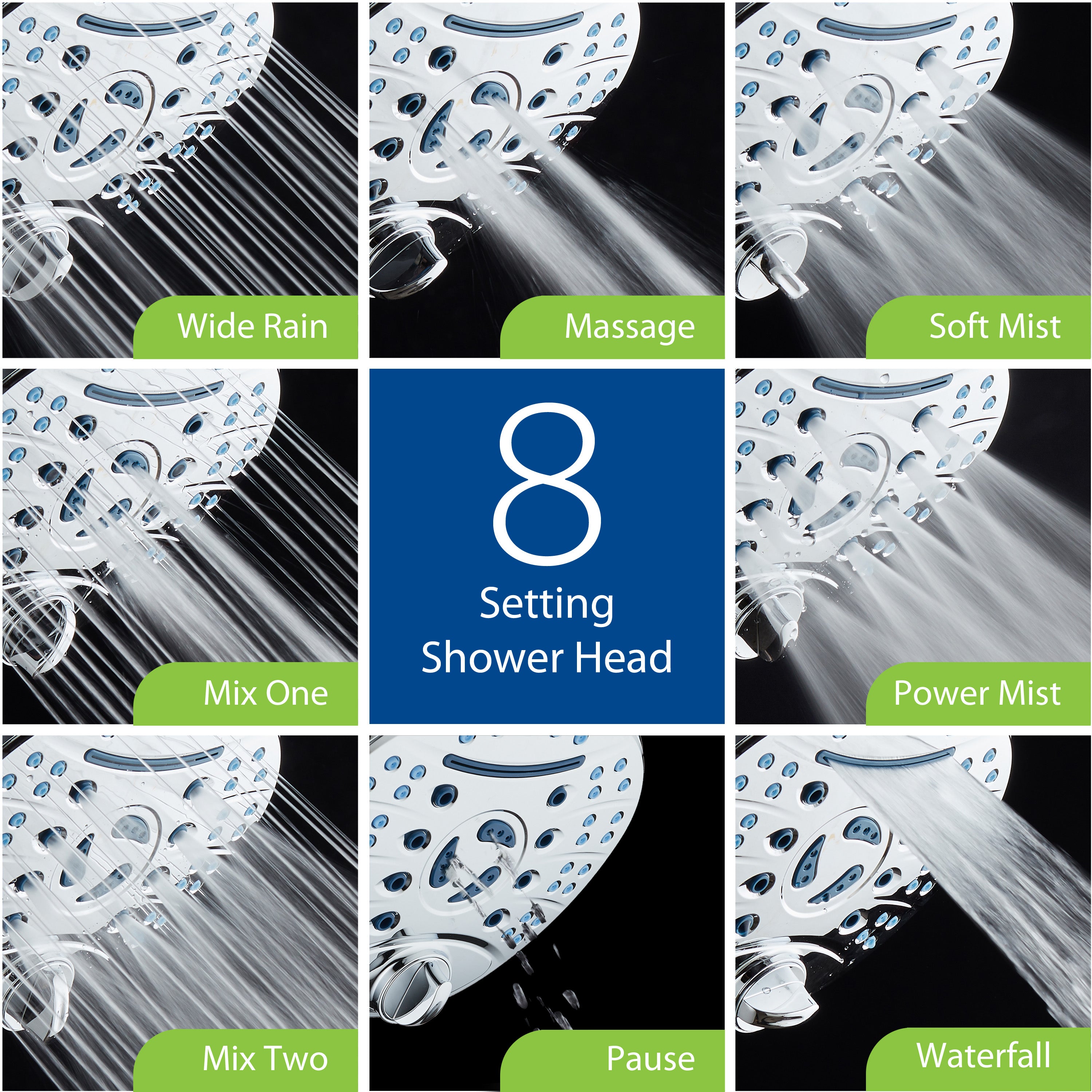 Ultra-Luxury 8-setting 7" Rainfall Shower Head with Antimicrobial Anti-clog Nozzles
