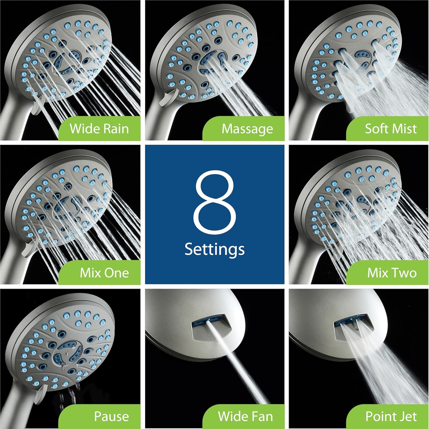 High-pressure 8-setting Hand Shower with Patented 2-mode Power Wash & Bonus Wall Bracket