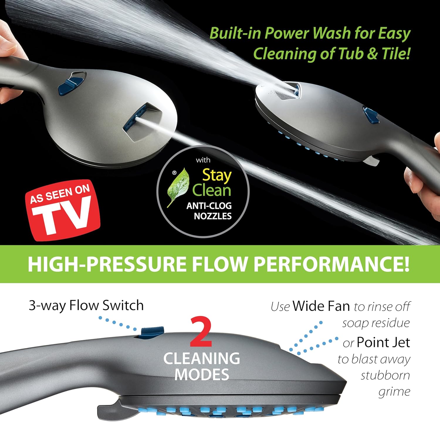 High-pressure 8-setting Hand Shower with Patented 2-mode Power Wash & Bonus Wall Bracket