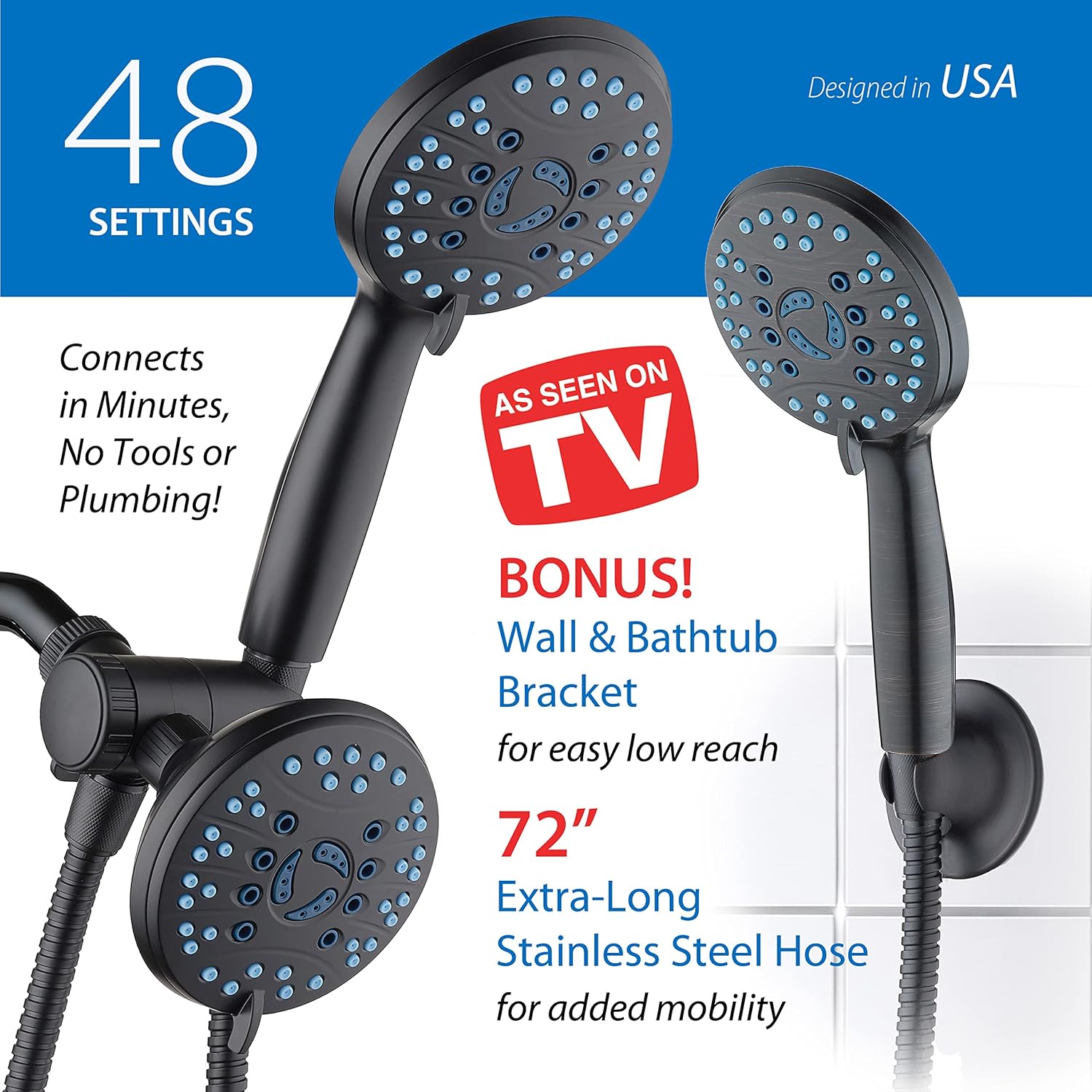 50-setting 3-way Twin Shower Combo with 2-mode Power Wash & Bonus Wall Bracket