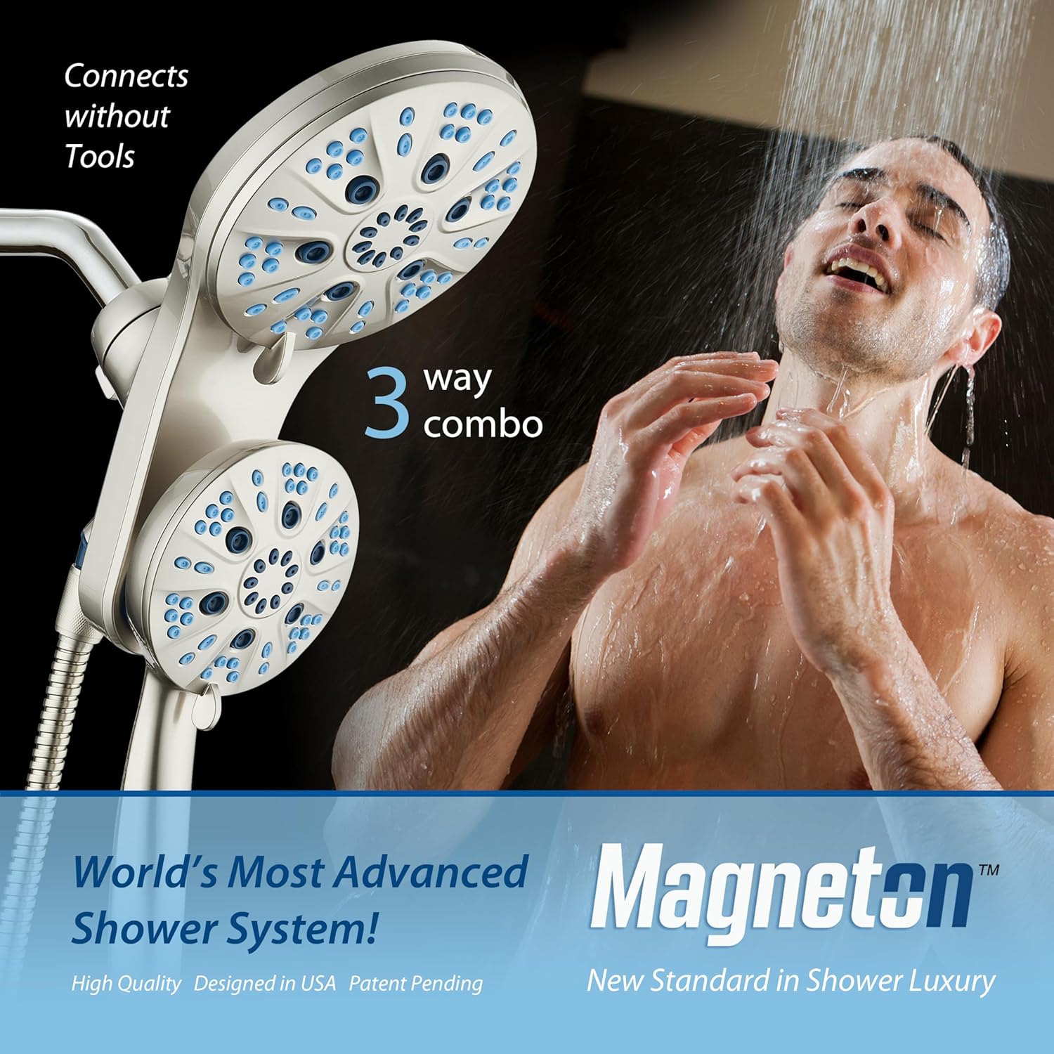 Magneton 48-setting Raised 3-way Rainfall Shower Combo with Magnetic Docking